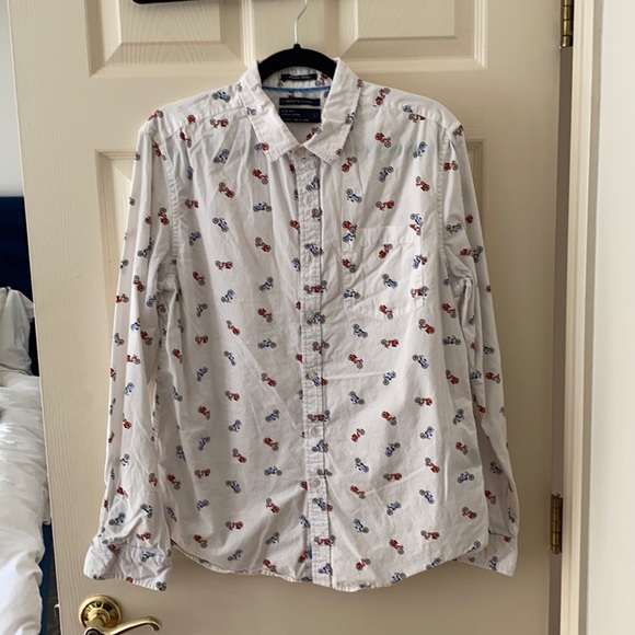 White button down with orange and blue motor cycles - Picture 1 of 4